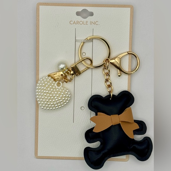 Brown and Tan Faux Leather Teddy Bear and Pearl Heart Keychain Bag Charm - Picture 1 of 7